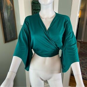 Dark Green Kimono Sleeve Crop Top Wrap Blouse Shirt One Size